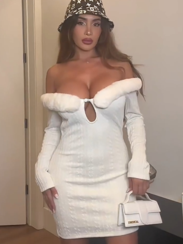 Taruxy Splice Fur Collar Mini Dress for Off Shoulder Slim Temperament Bodycon Dresses Femme Party Dress Woman