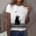 Comstylish Abstract Creative Cute Black Cat Play With Butterfly Art Print Cotton Graphic T-shirt