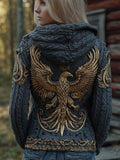 Women's Viking Golden Phoenix Embroidery Navy Blue Vintage Hooded Sweater elevenforest