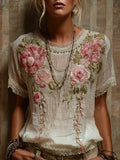 Ladies' Rose Embroidery Round Neck Vintage Grunge Color Casual Short-sleeved Shirt elevenforest