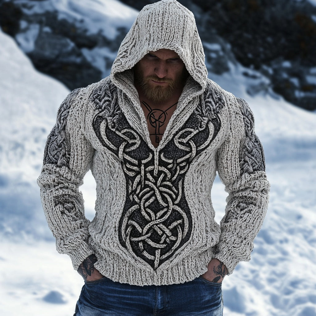 Retro Viking Celtic Jacquard Chunky Hooded Sweater elevenforest