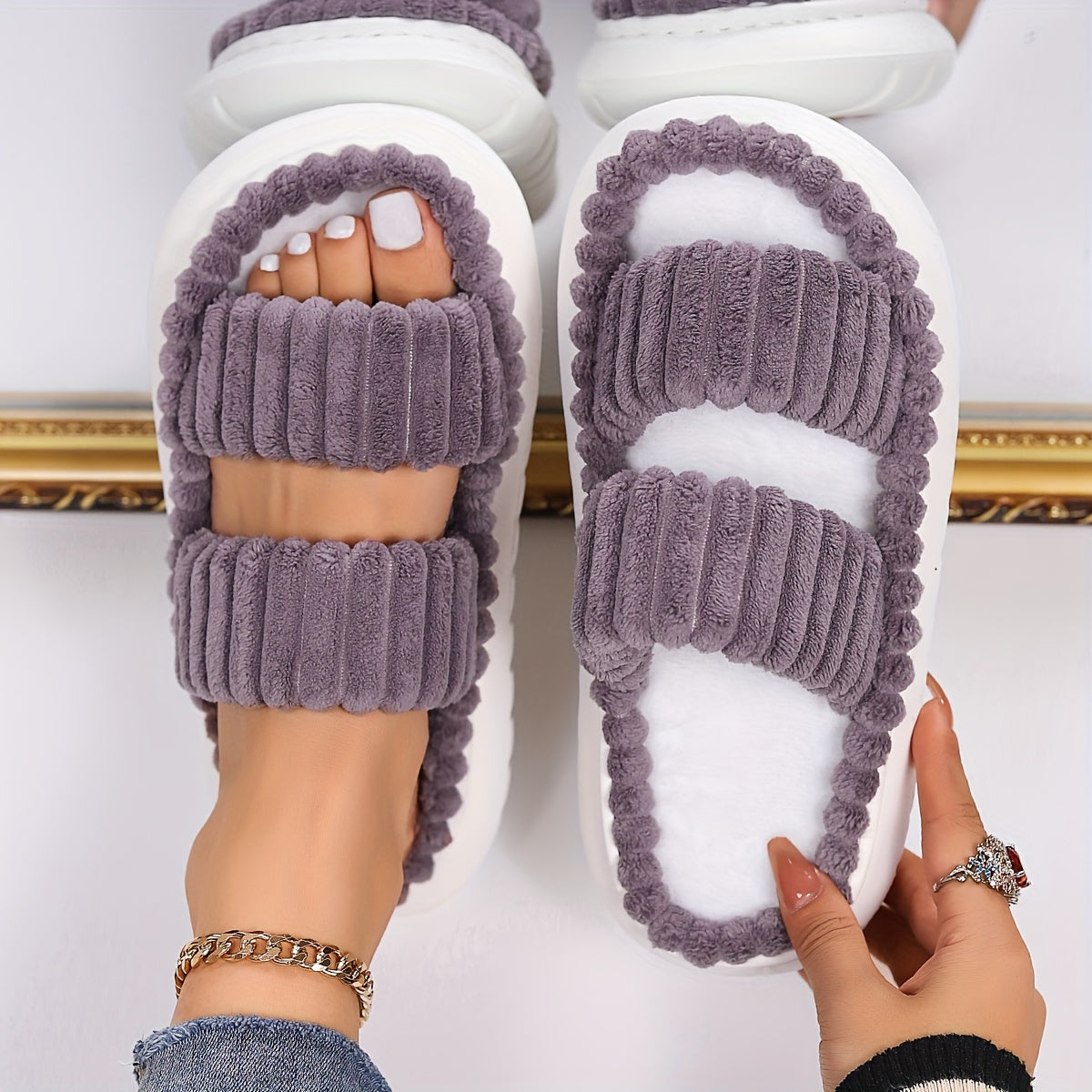 Double Straps Plush Slippers Ht0147