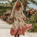 Women's Vacation Romantic Rose Patchwork Art Comfy Linen Maxi Dress elevenforest