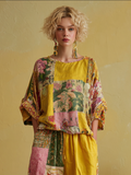 Bohemian Style Plant Flower Pattern Multi-color Women Cotton And Linen Top elevenforest