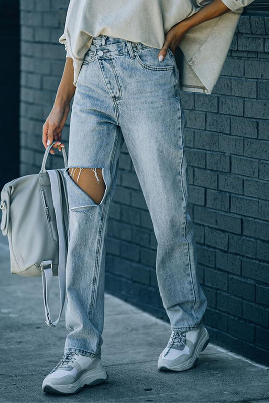 Ripped Straight Denim Jeans