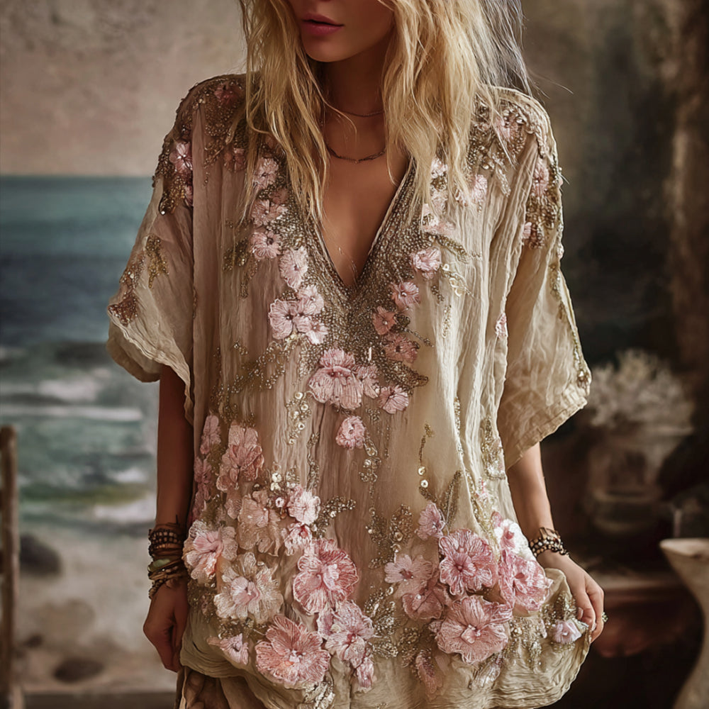 Ladies' Romantic Rose Embroidery Vintage-style Short-sleeved Shirt elevenforest