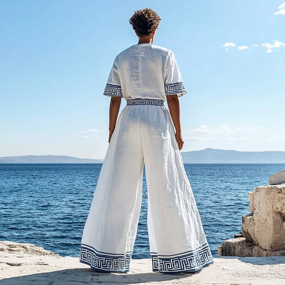 Men's Vintage Greek Key Embroidered Linen Lounge Pants elevenforest