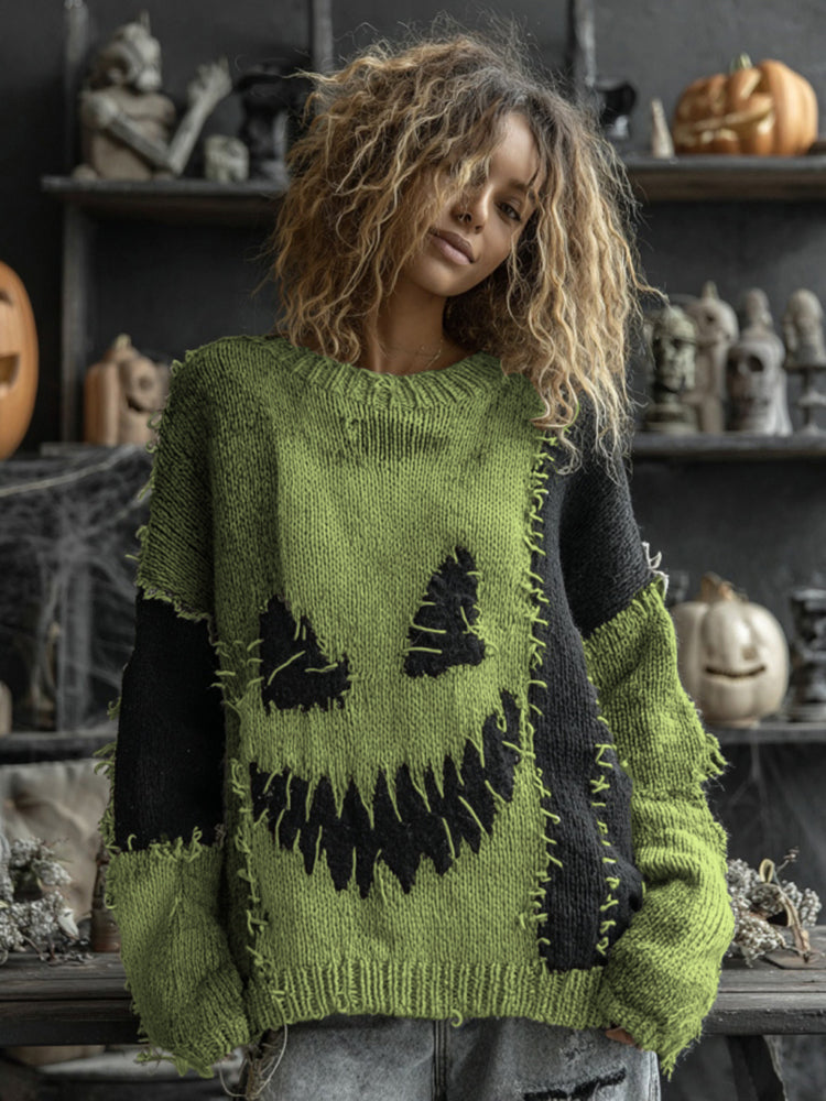 Halloween Spooky Face Contrast Stitched Cozy Knit Sweater elevenforest