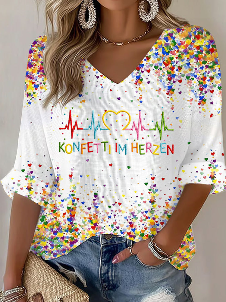 Comstylish Damen Kölner Karneval Konfetti Im Herzen Print Lässiges V-ausschnitt Langarm-top