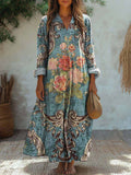 Women'S Vintage Floral Pattern Long-Sleeved Cotton And Linen Dress