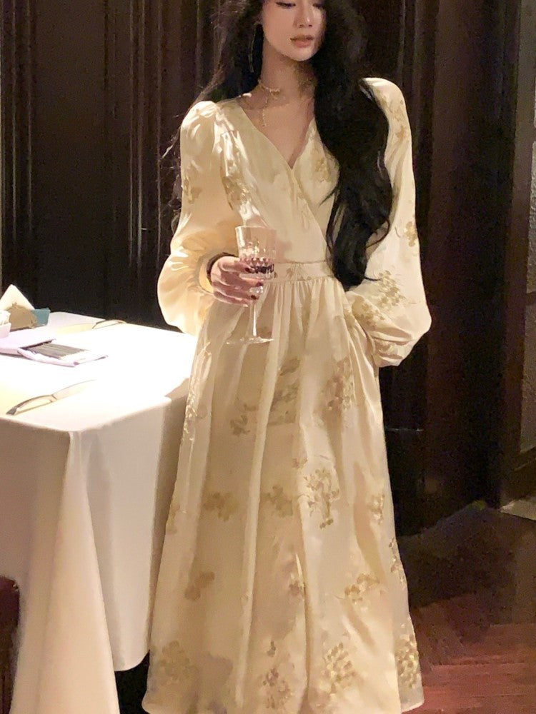 Printed Midi Dress Lantern Sleeve V-neck Autumn French Female Evening Party Prom Robe Vestidos Mujer New