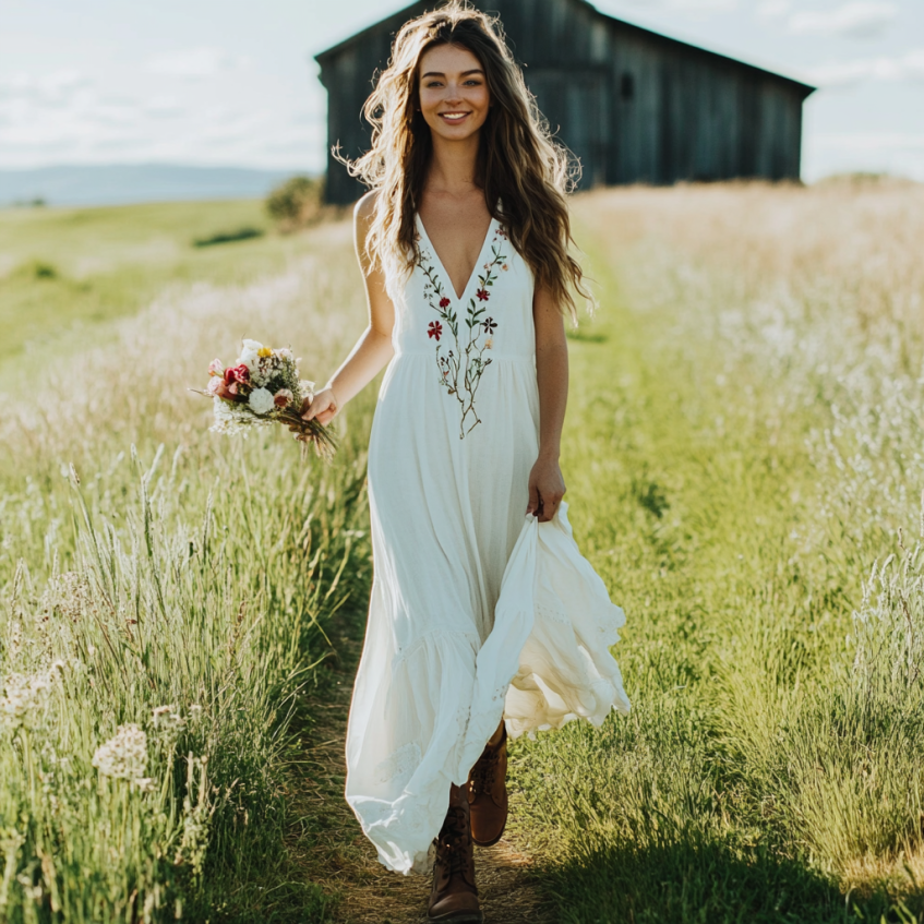 Spring Girl Green Pastoral Style Retro Bohemian Art Floral Embroidery Pattern Linen Tank Dress elevenforest