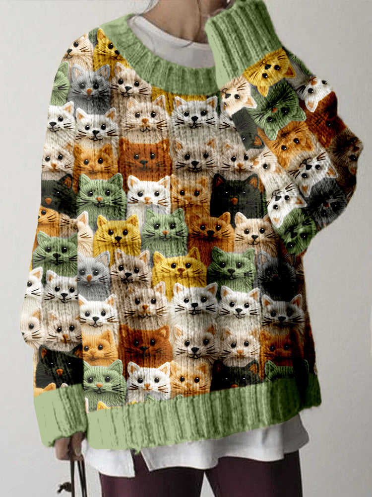 Comstylish Colorful Cute Cats Pattern Cozy Knit Sweater