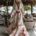 Vintage Floral Embroidered V Neck Casual Maxi Dress elevenforest