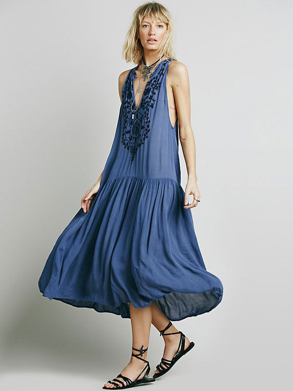 Dress Sleeveless V-neck Embroidered Gypsy Beach Vacation Teal Summer Long Tank Dress for