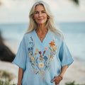 Women's Floral Embroidery Short Sleeve V Neck Casual Linen Top elevenforest