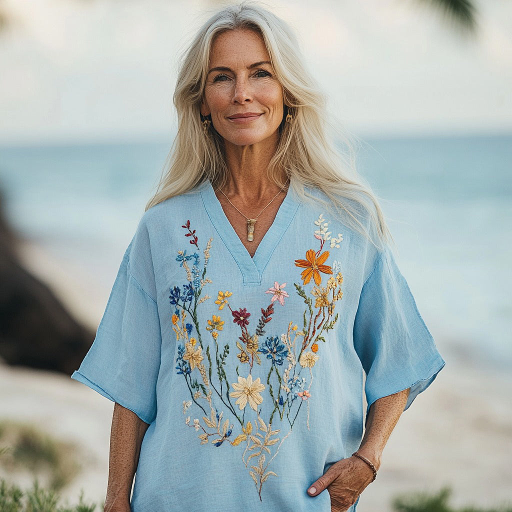 Women's Floral Embroidery Short Sleeve V Neck Casual Linen Top elevenforest