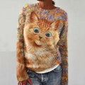 Plush Cat Print Women's Knitted Sweater elevenforest