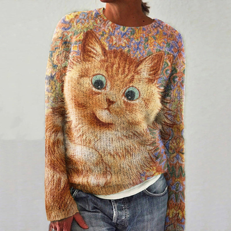 Plush Cat Print Women's Knitted Sweater elevenforest
