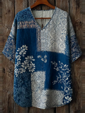 Japanese Art Retro Geometric Patchwork Plant Flower Print Women's V-neck Cotton And Linen Top elevenforest