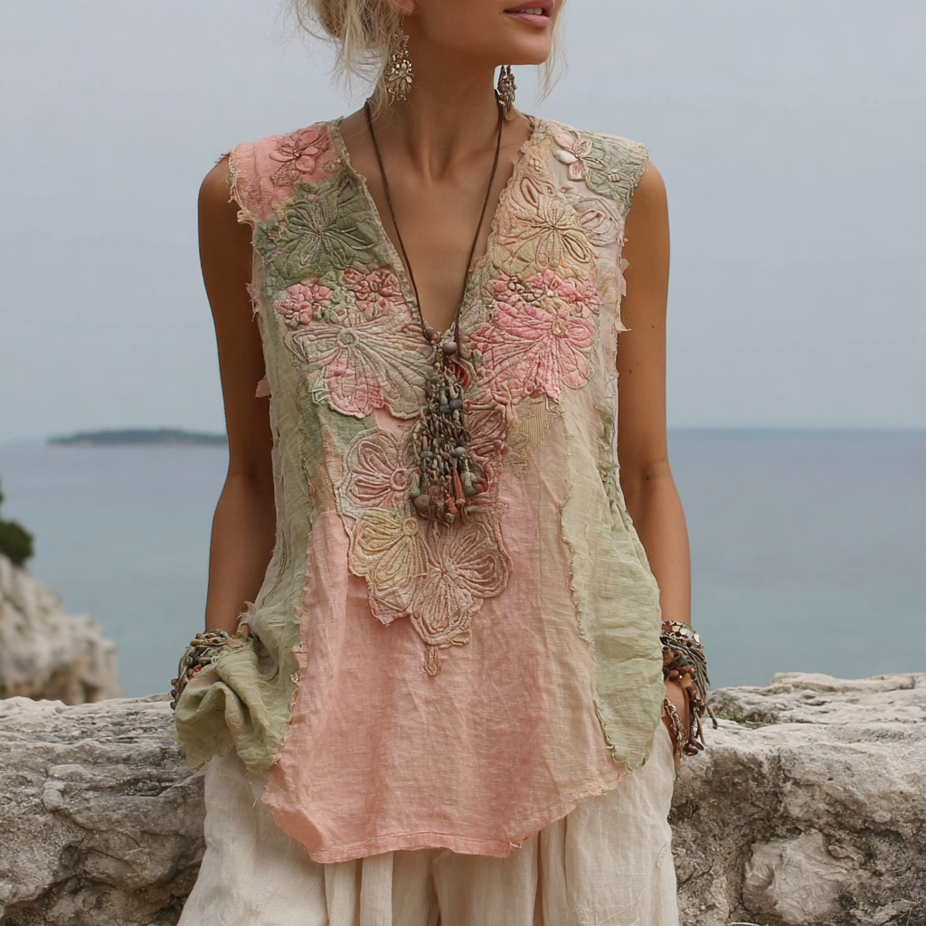 Women's Vintage Floral Patchwork Sleeveless Top elevenforest