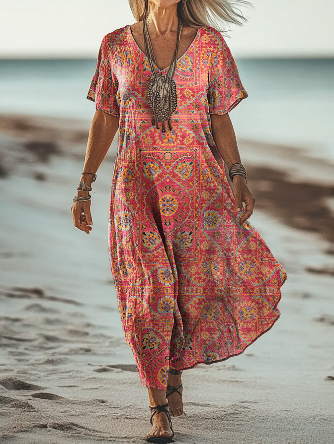 Women's Vintage Ethnic Floral Art Print Pocket Cotton Dress