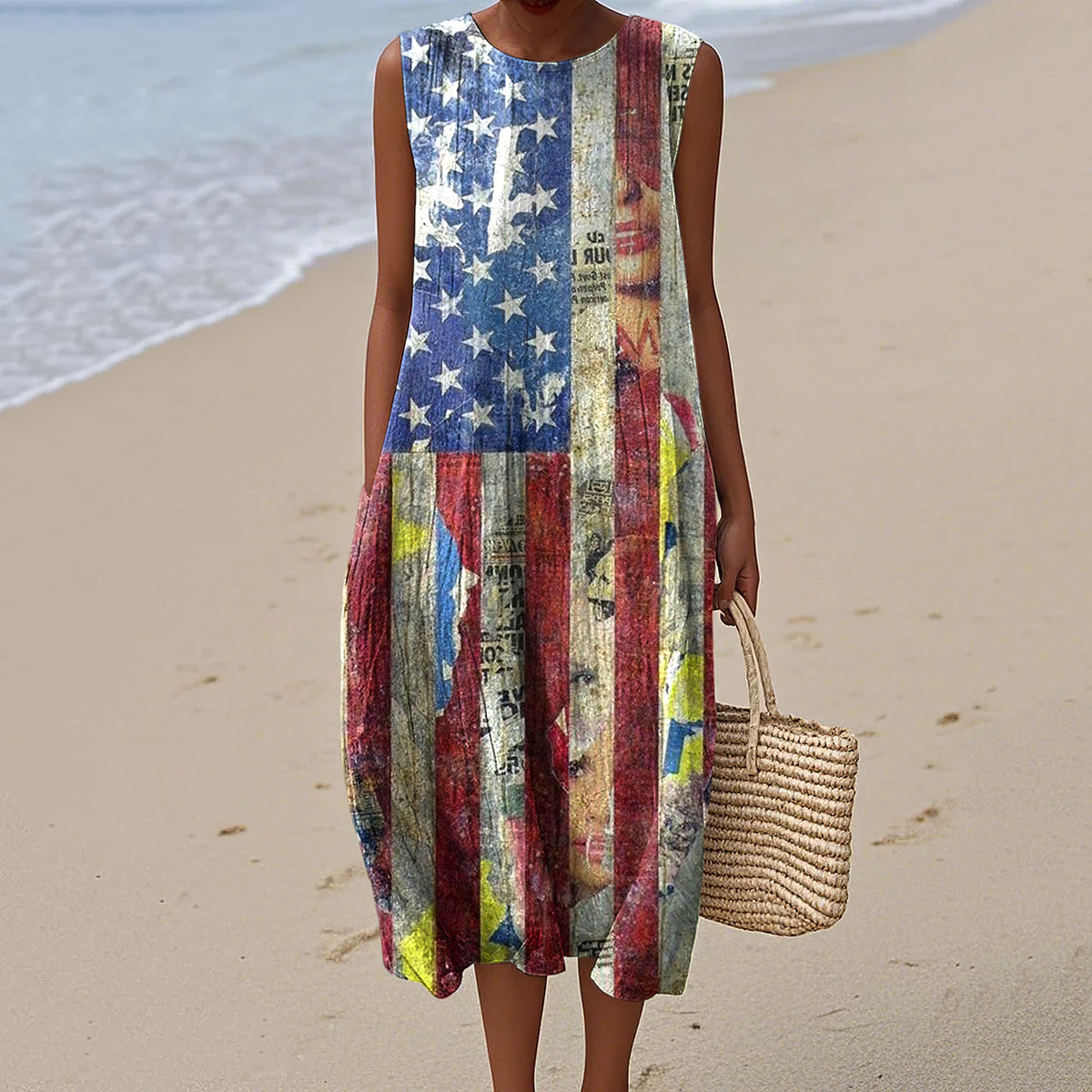 Vintage Independence Day American Flag Patch 4th Of July Peaceinwar Art Linen Tank Dress elevenforest