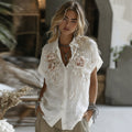 Women's Retro Floral Art Linen Button Down Short Sleeve Shirt elevenforest
