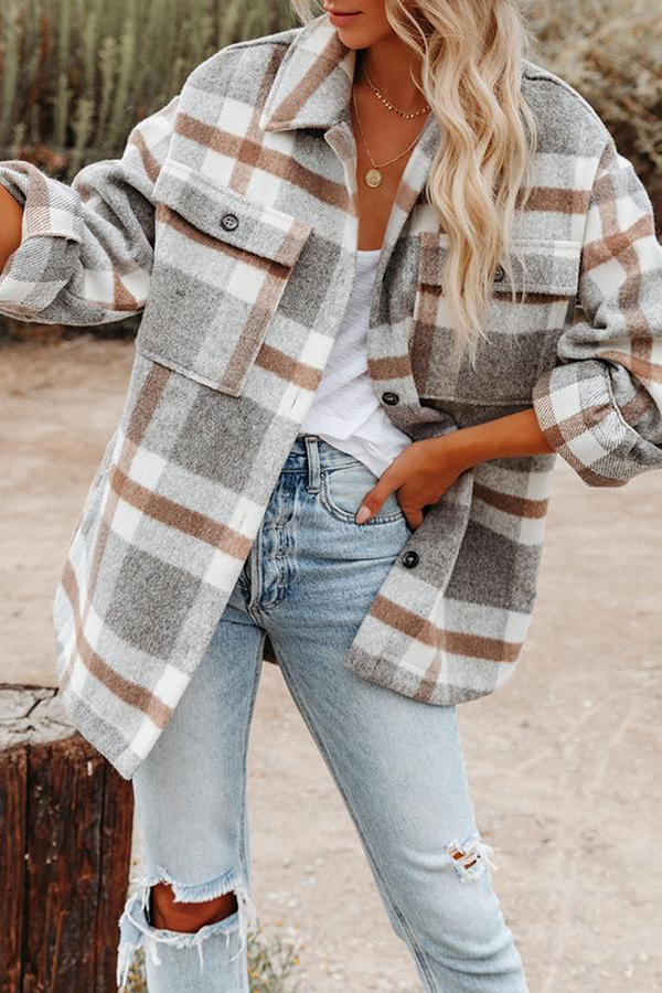 Plaid Pocket Buckle Turndown Collar Outerwear(8 Colors)