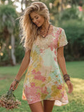 Vintage Boho Romantic Floral Women's Round Neck Short Sleeve Mini Dress elevenforest