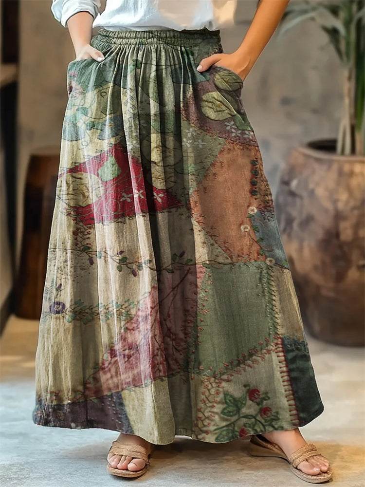 Retro Patchwork Print Women's Cotton Skirt elevenforest