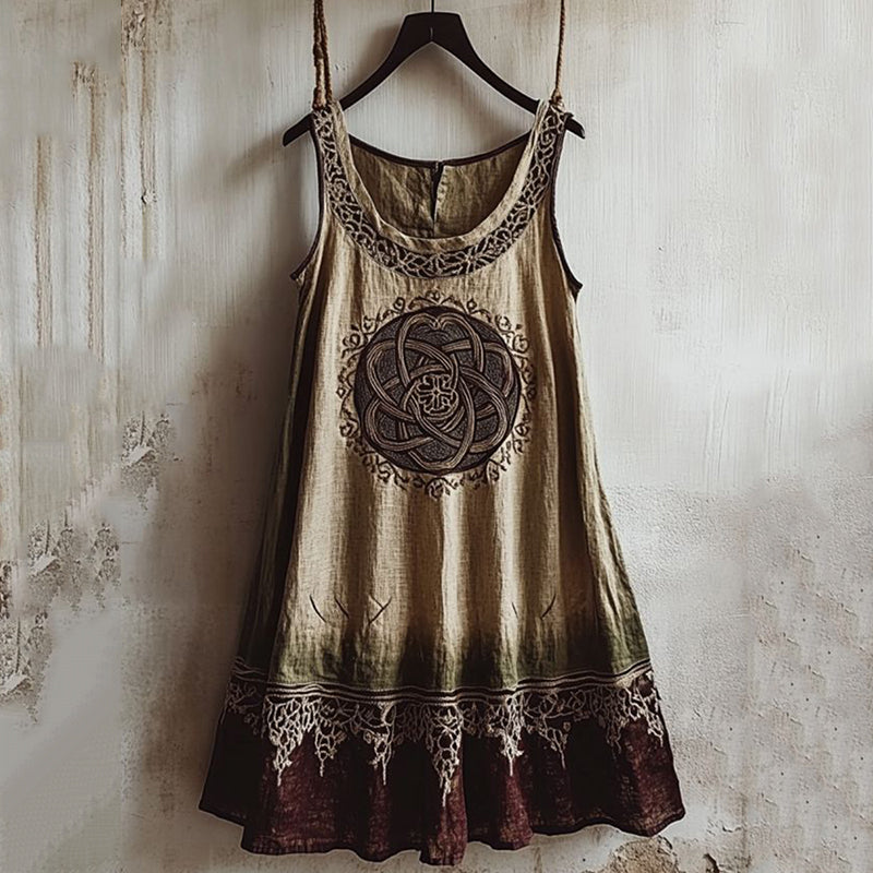 Vintage Viking Totem Color Block Linen Tank Dress elevenforest