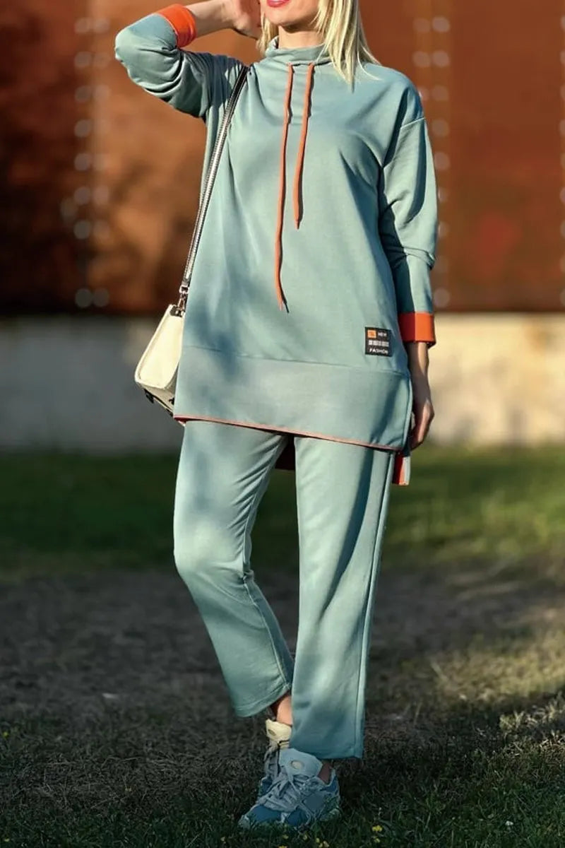 Long Contrast Color Sweatshirt Suit