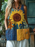 Ukraine Folk Sunflowers Embroidered Patchwork Linen Tank Top elevenforest