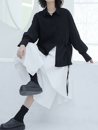 Loose Puff Sleeves Asymmetric Lace-up See-through Color Split-joint Lapel Blouses