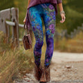 Women's Vintage Purple And Blue Lavender Patchwork And Floral Embroidered Art Gradient Leggings elevenforest