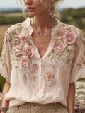 Bohemian Retro Pink Floral Pattern Women's Short-sleeve Shirt elevenforest
