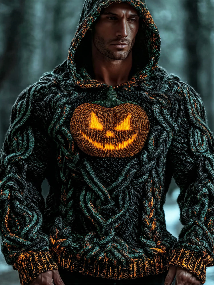 Viking Halloween Pumpkin Lights Men's Chunky Knit Twist Hooded Sweater elevenforest