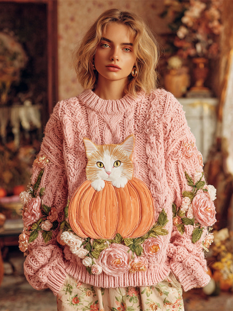 Comstylish Thanksgiving Pumpkin & Cat Lady Knit Sweater