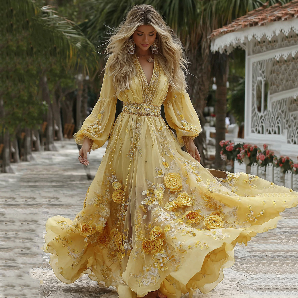 Women's Classic Yellow Roses And Floral Art Print V-neck Long Sleeve Maxi Dress elevenforest