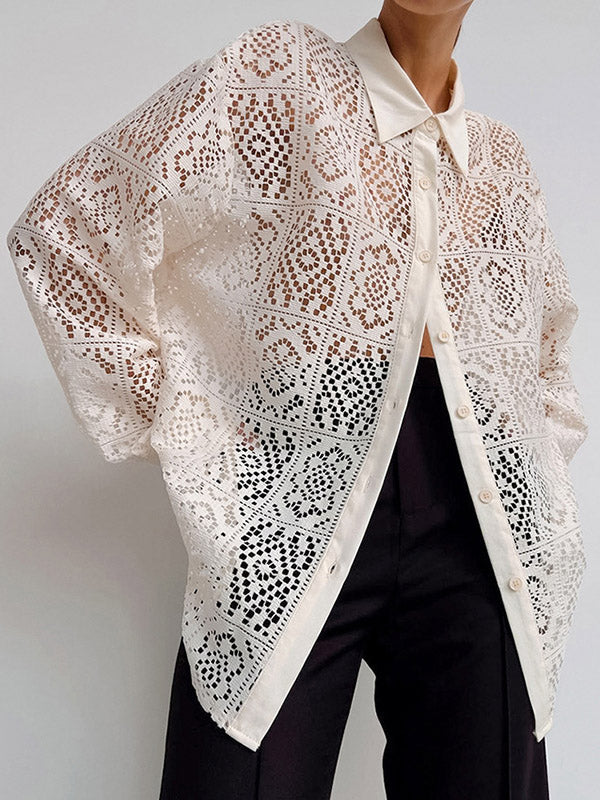 Long Sleeves Loose Buttoned Hollow See-through Color Sun Protection Lapel Collar Blouses&shirts Tops