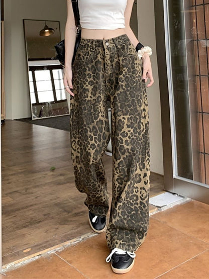 Baggy Leopard Print Y2k Jeans Trousers New High Waisted Wide Leg Pants Retro Straight Jeans