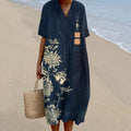 Vintage Chrysanthemum Print V-Neck Loose Midi Dress elevenforest
