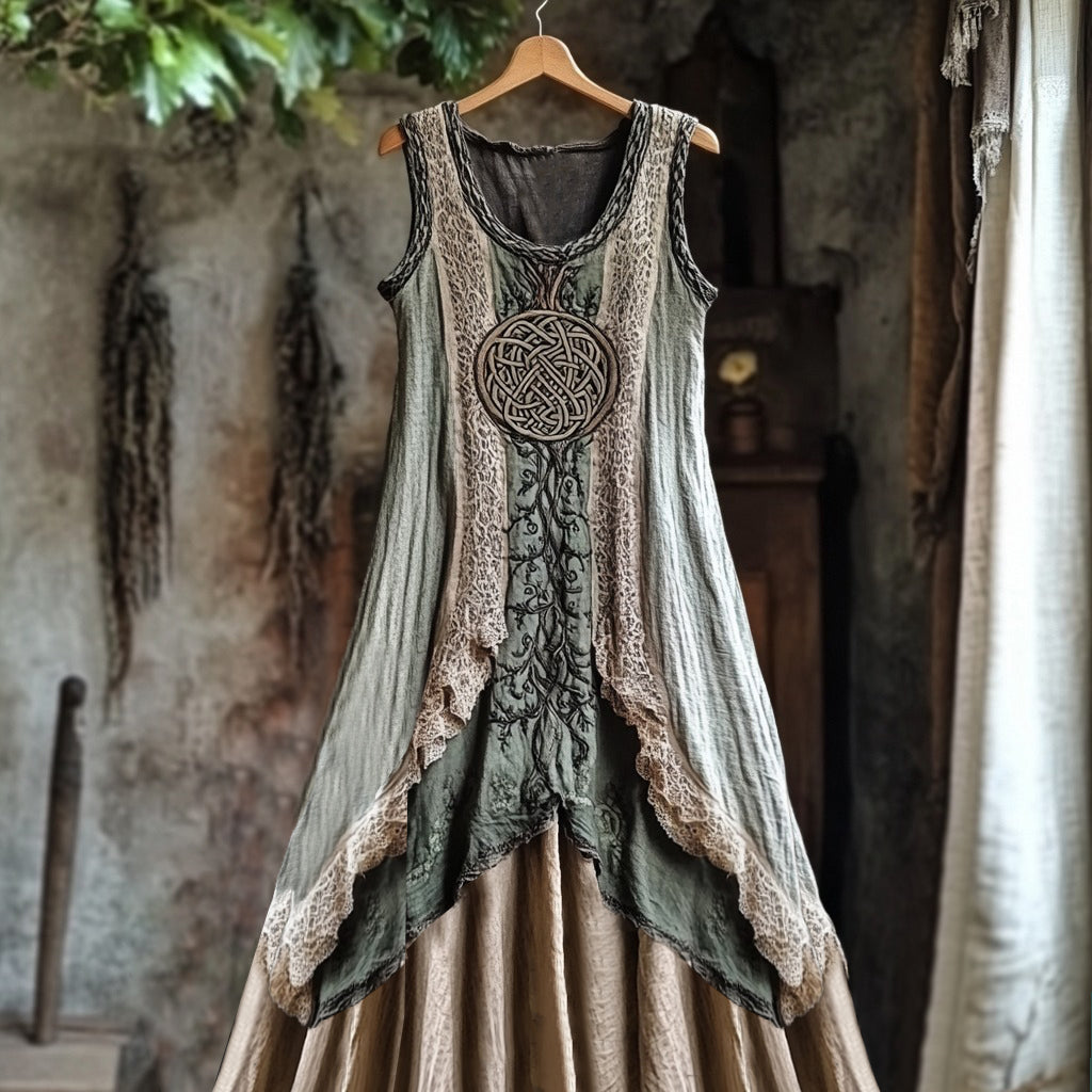 Tribal Celtic Knot Plant Embroidery Lace Patchwork Art Linen Tank Dress elevenforest