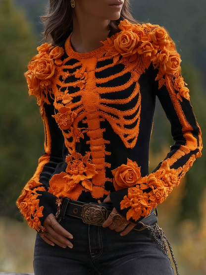 Women's Halloween Skeleton Bones With Roses Art Knitted Warm Sweater artswardrobe