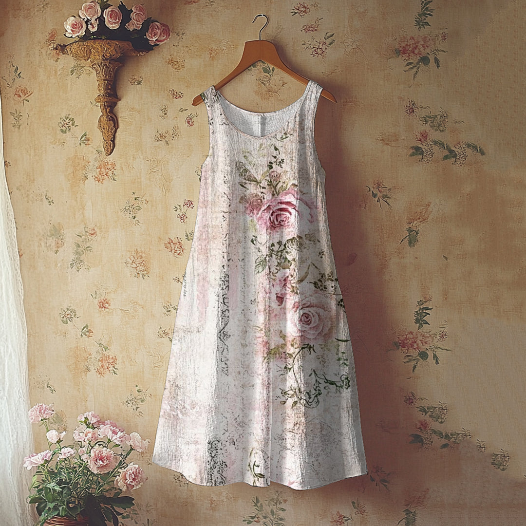 Vintage Floral Art Print Linen Blend Tank Dress elevenforest