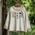 Retro Floral Embroidery Art Print Cotton And Linen Blend Loose Blouse elevenforest