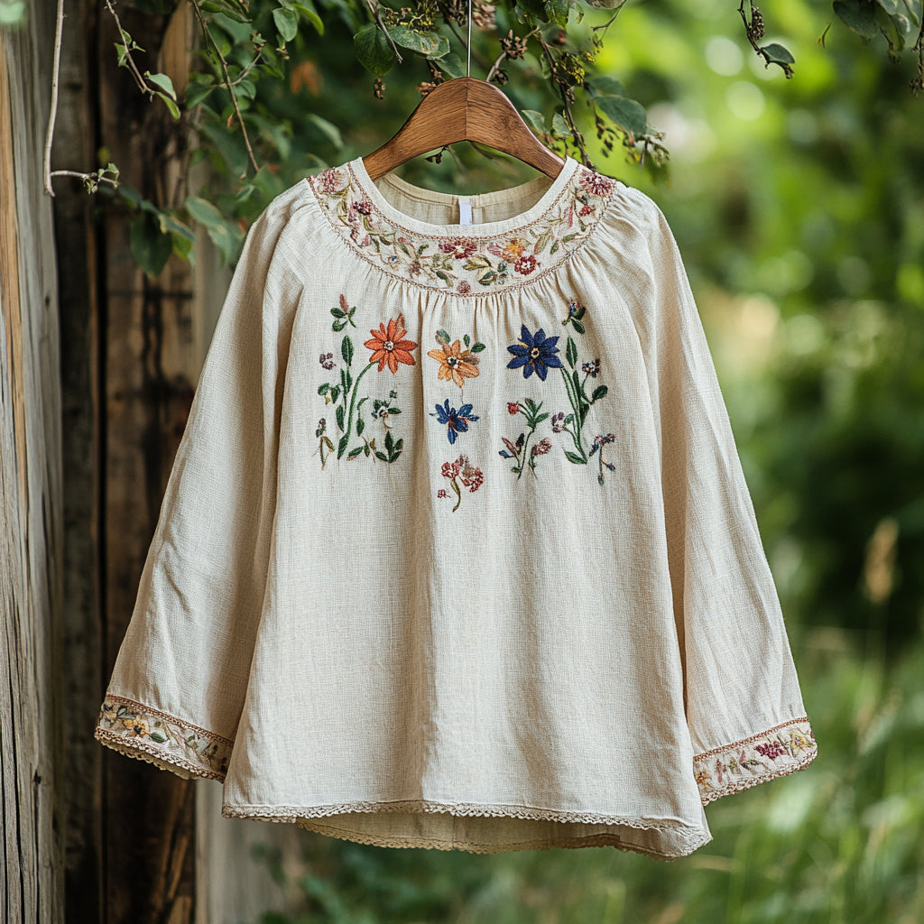 Retro Floral Embroidery Art Print Cotton And Linen Blend Loose Blouse elevenforest