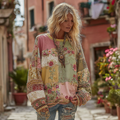Women's Retro Bohemian Floral And Rose Comfortable Crew Neck Sweatshirt elevenforest