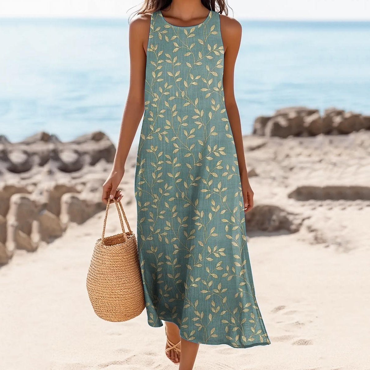 Women's Vintage Leaf Art Print Cotton And Linen Dress elevenforest
